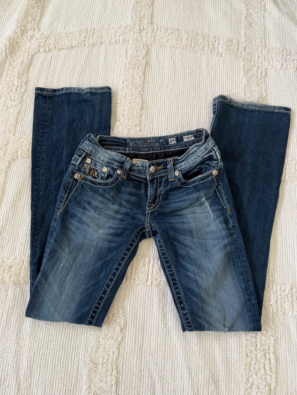 Miss Me Dark Blue Boot Cut Jeans with Whiskering